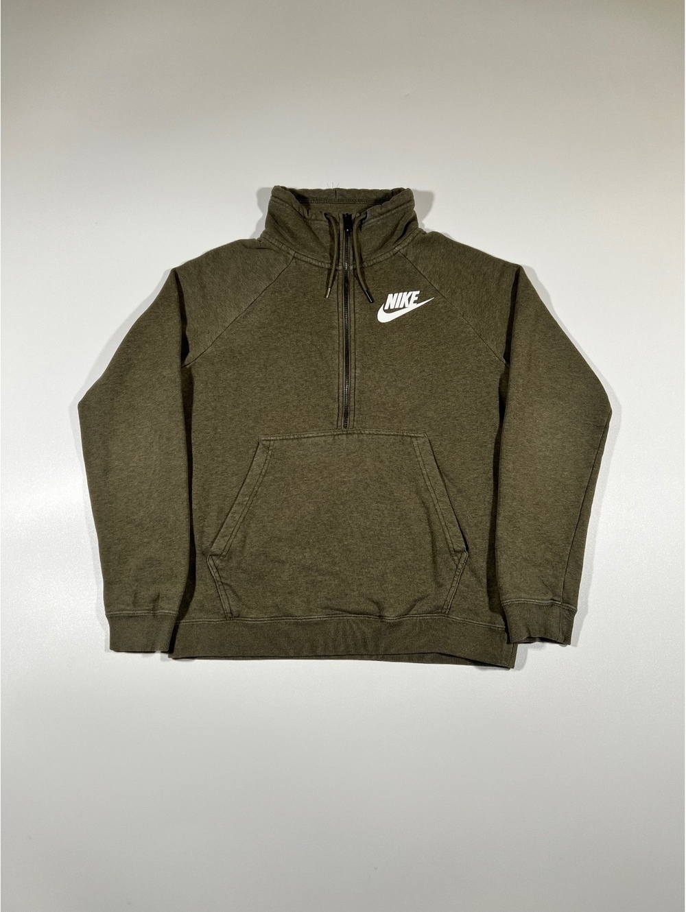 Nike Olive Green Quarter Zip Hoodie Men's Swoosh Logo Funnel Neck Sweatshirt
